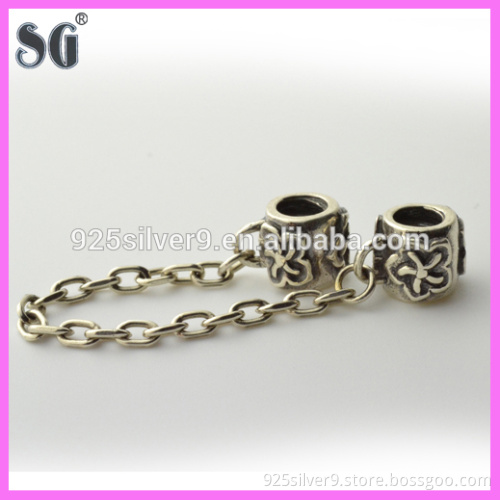 Antique style safety chain double stoppers genuine sterling silver fits european bracelet